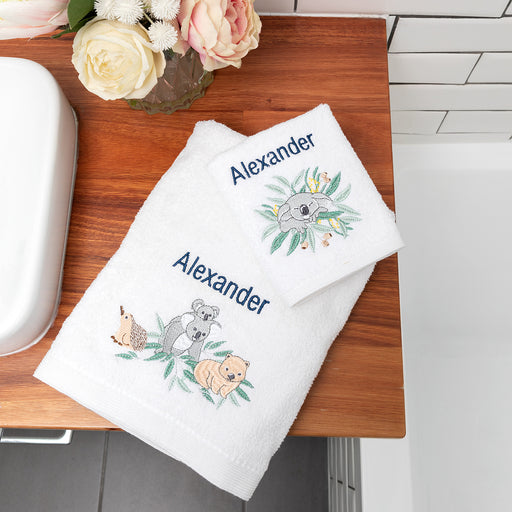 Embroidered Australian Animal Bath Towel and Face Washer Set
