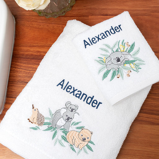 Personalised Embroidered Australian Animal Bath Towel and Face Washer Set