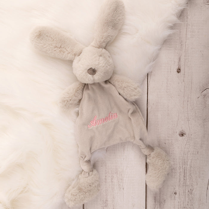 Custom Embroidered Child's Name Grey Plush Bunny Comforter Toy