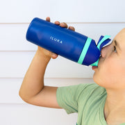 Side view of personalised insulated kids water bottle with carry handle and flip-top straw lid.