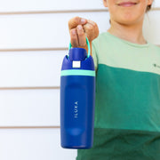 Close-up of permanent laser engraved name on a personalised stainless steel kids drink bottle.