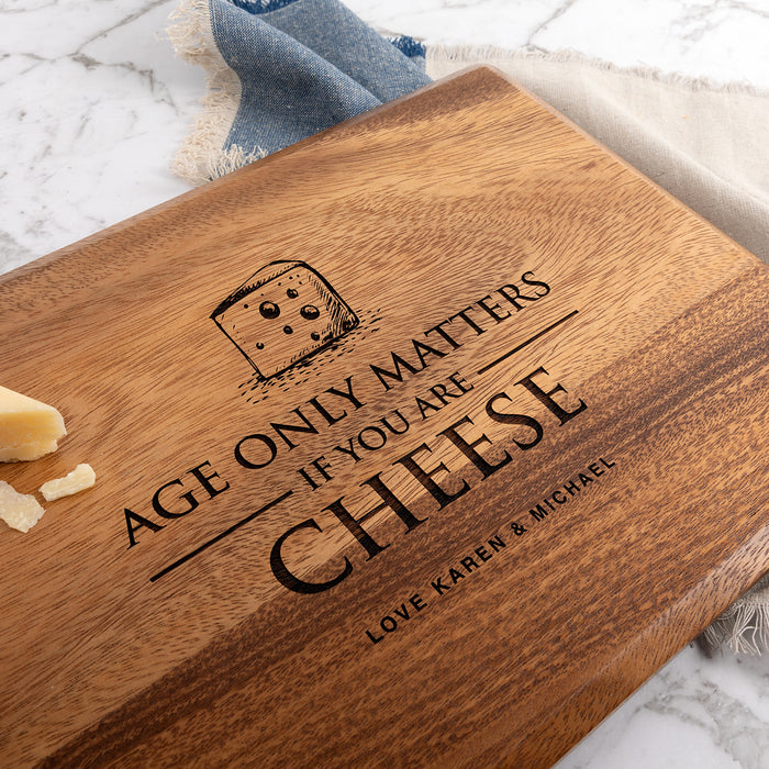 Custom engraved wooden cheese board for milestone birthday gift with fun and stylish design