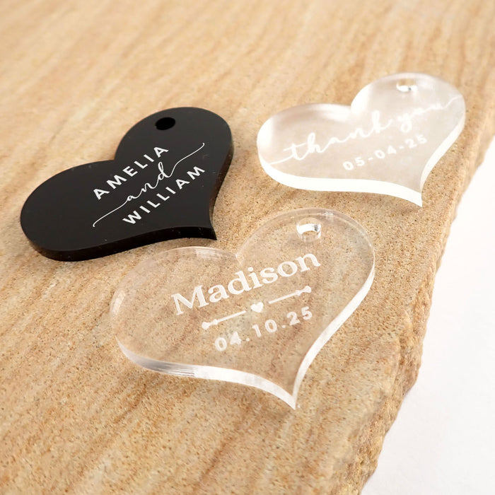 Custom Artwork Engraved Guest Names black, frosted and clear heart shaped wedding favour gift tags