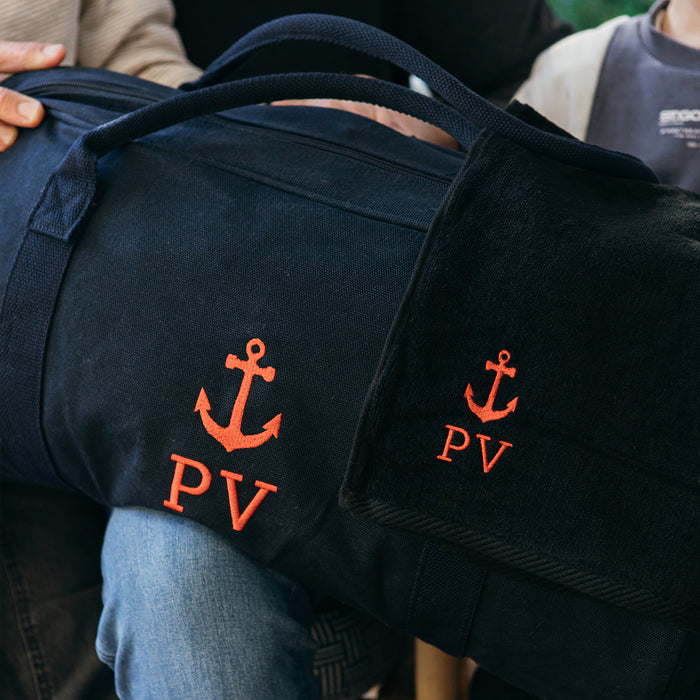 Canvas overnight bag with anchor symbol and embroidered initials