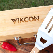 Premium stainless steel BBQ utensils in engraved bamboo case for client giftin