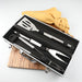 Luxury three-piece BBQ set with spatula, tongs, and fork in engraved aluminium carry case