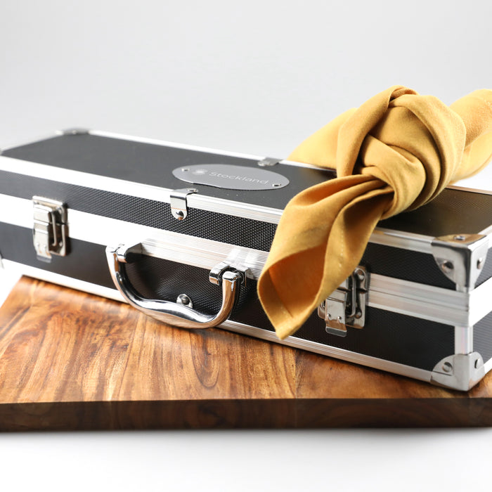 Personalised corporate BBQ gift set with logo laser engraved in oxidised white on metal case
