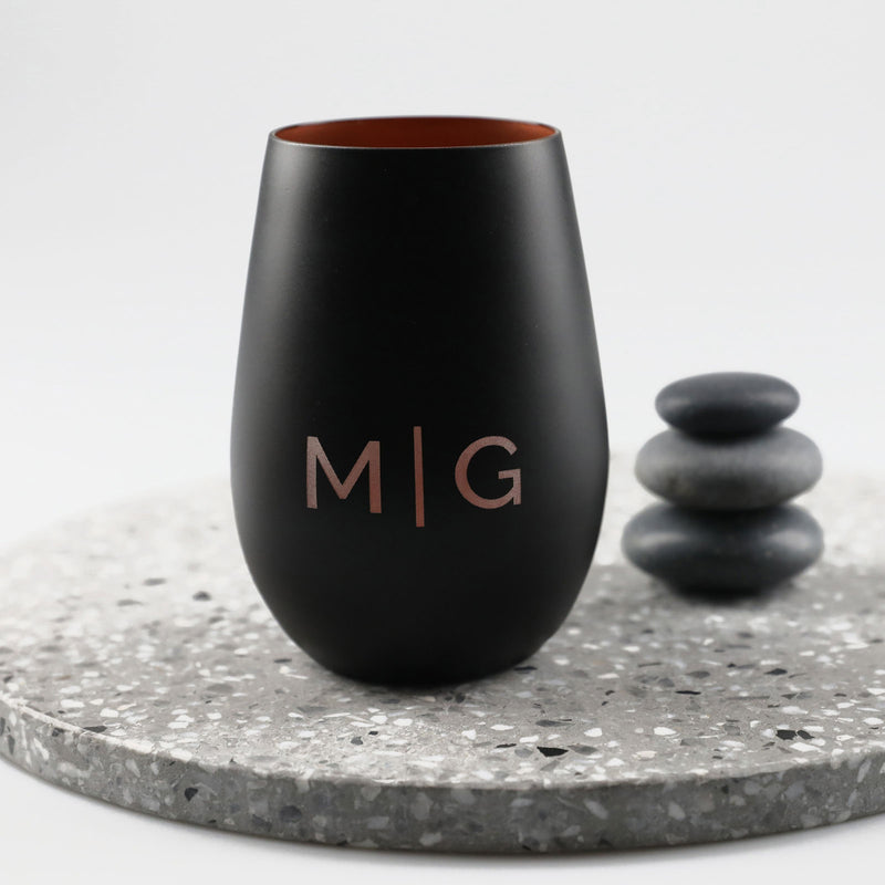 Personalised Engraved Name Barware Black Stemless Wine Glass With Copper Lining Present