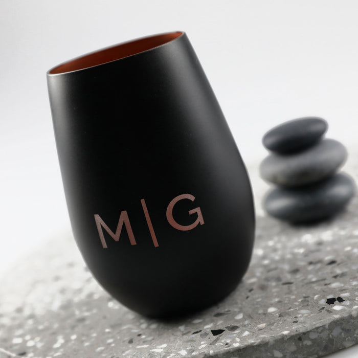 Customised Engraved Black Stemless Wine Glass with Gold interior Barware
