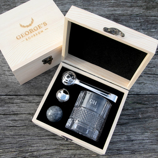 Personalised spinning whiskey glass set in engraved wooden gift box