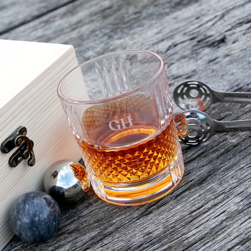 Custom wooden gift box with whiskey glass and tongs