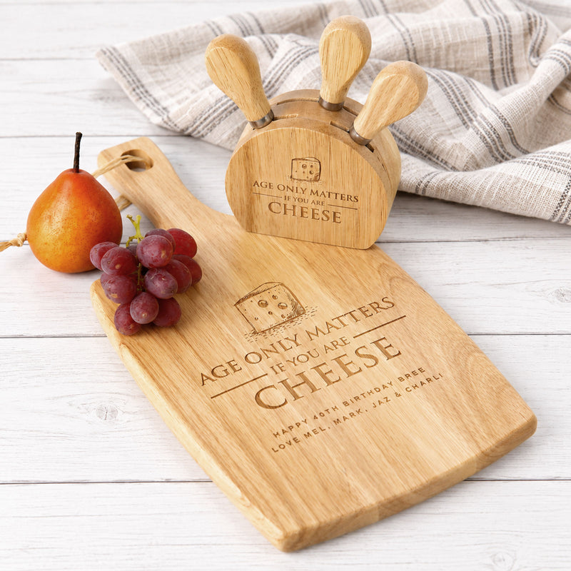 Personalised paddle board and cheese knife block set for a birthday gift