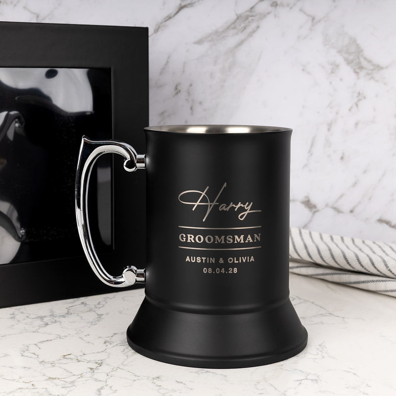 Engraved black beer mug, perfect for Groom, Best Man and Groomsmen gifts.