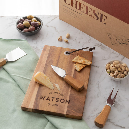 Personalised acacia wood cheese board wedding gift set with knives