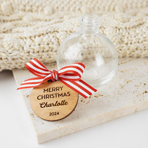 Customised Engraved Round wooden Gift Tag attached to Round Glass Christmas Tree Ornament