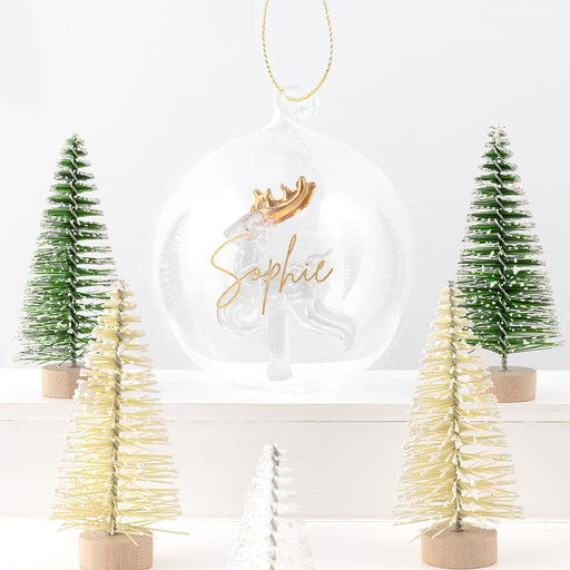 Personalised glass Christmas bauble with reindeer and gold antlers