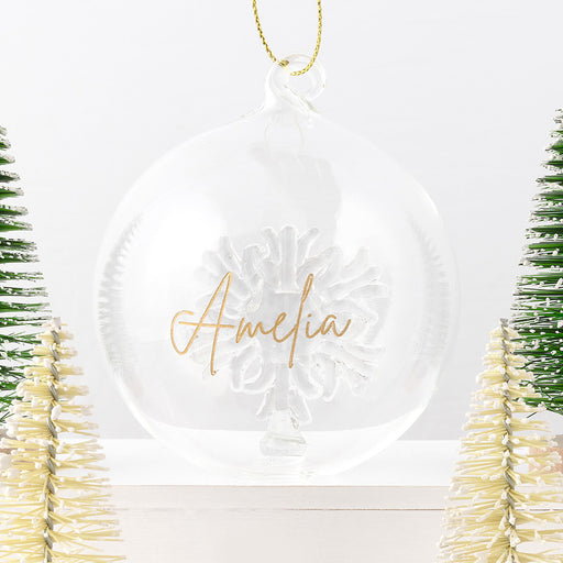 Clear glass snowflake bauble personalised for a Christmas gift