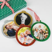 Personalised Christmas tree decoration with printed photo on glitter acrylic