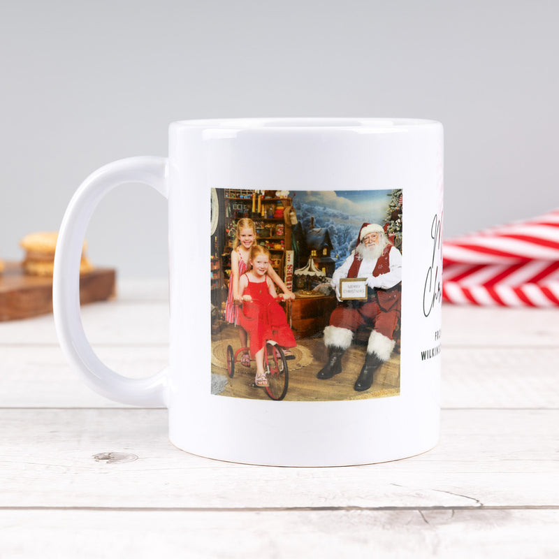 Personalised photo Christmas mug featuring a favourite photo and festive design