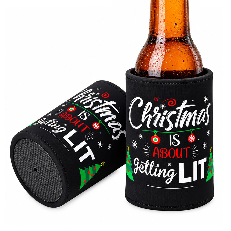 Christmas Is About Getting Lit neoprene stubby holder with beer bottle, perfect for Secret Santa gifts and Christmas parties.
