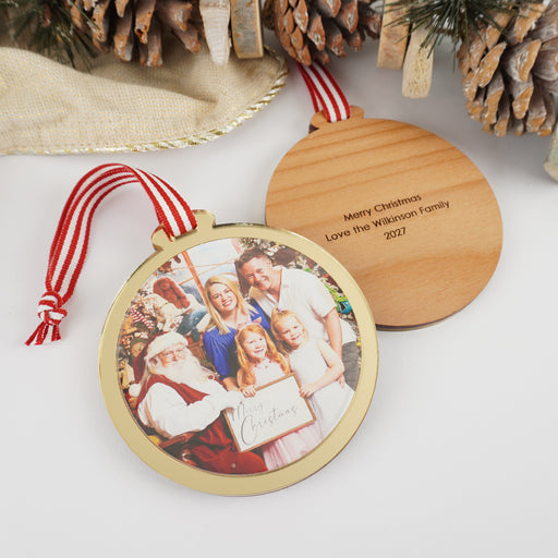 Personalised photo Christmas tree decoration with mirror gold acrylic border