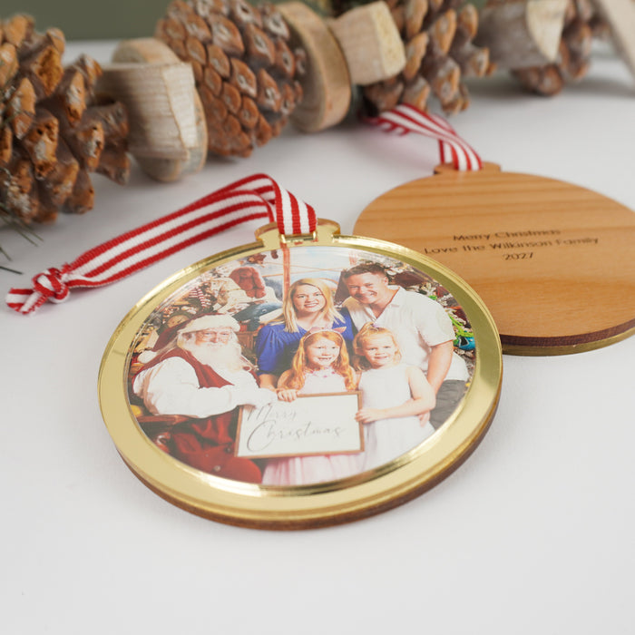 Custom Christmas ornament with photo front and engraved wooden back