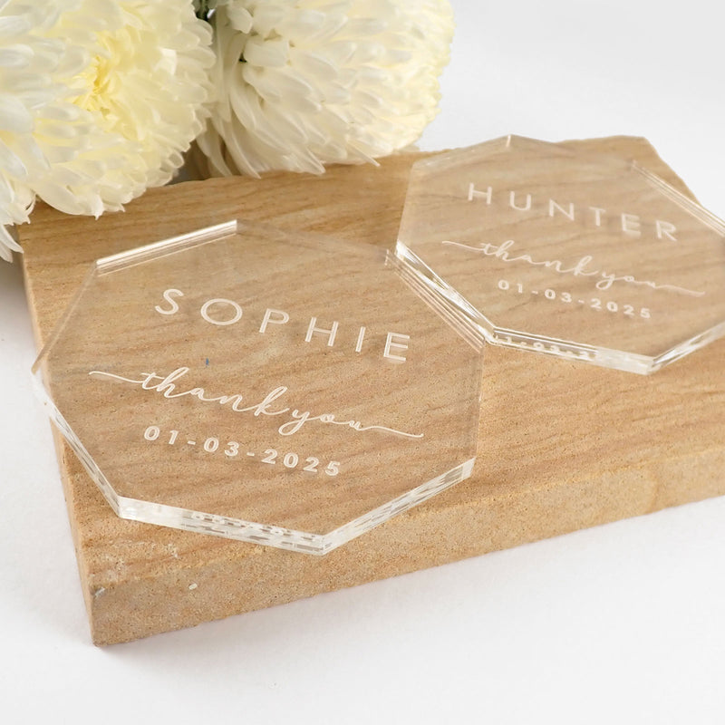 Personalised Engraved Clear Acrylic Octagon Name Wedding Reception Place Cards Coasters Favours