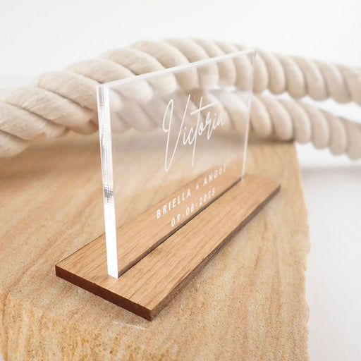 Personalised Engraved Clear Acrylic Wedding Place Cards with Wooden Base