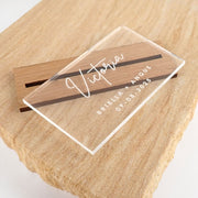 Personalised Engraved Clear Acrylic Wedding Place Cards with Wooden Base