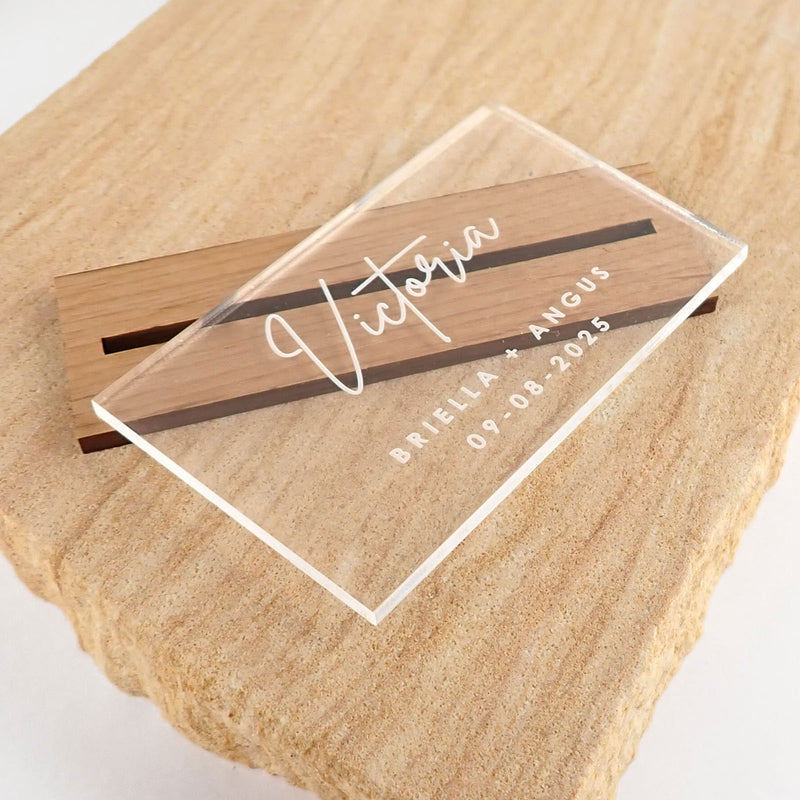 Personalised Engraved Clear Acrylic Wedding Place Cards with Wooden Base