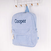 Personalised baby blue corduroy backpack with embroidered name