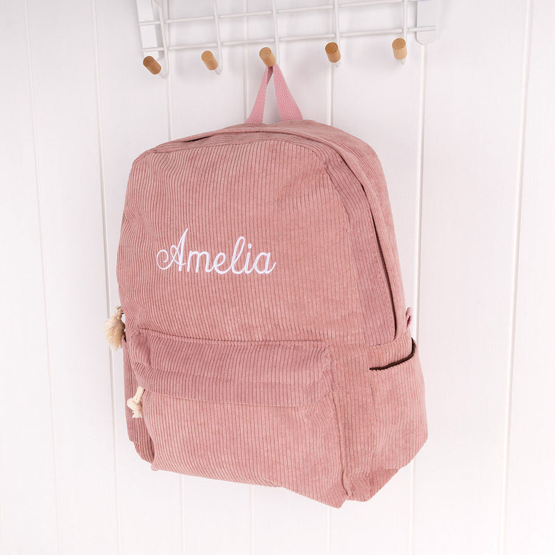 Personalised kids dusty rose corduroy backpack with embroidered name