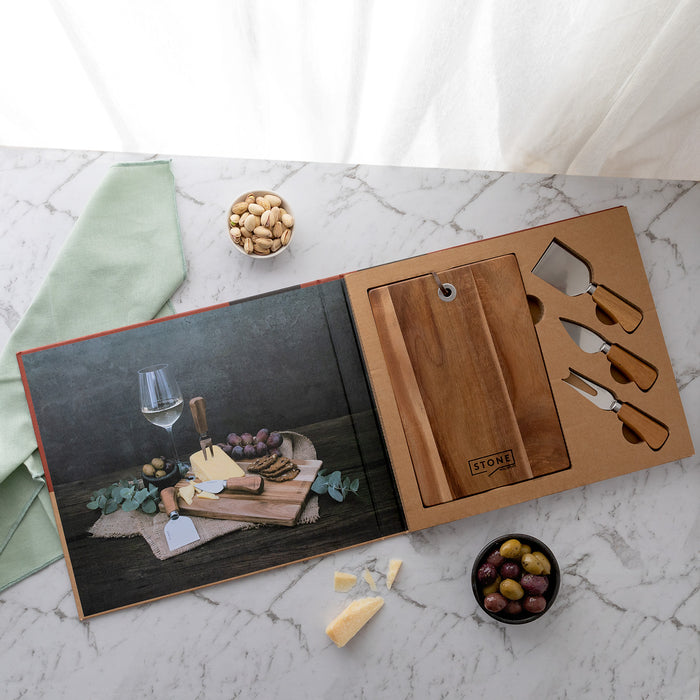 Book-style kraft packaging featuring personalised cheese board