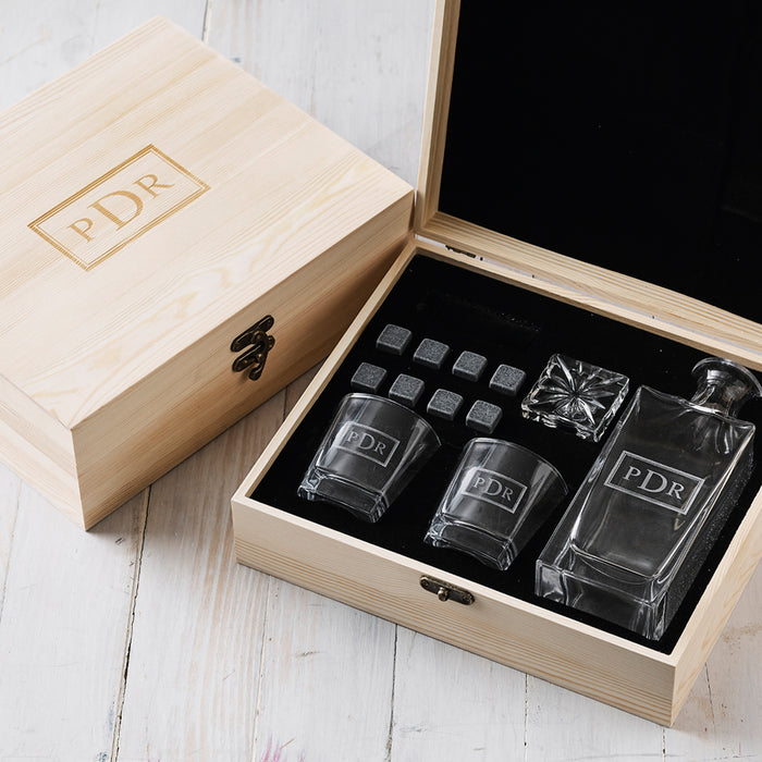 Personalised Wooden Gift Box with Decanter, Scotch Glasses, and Whiskey Stones – Perfect Client Gift