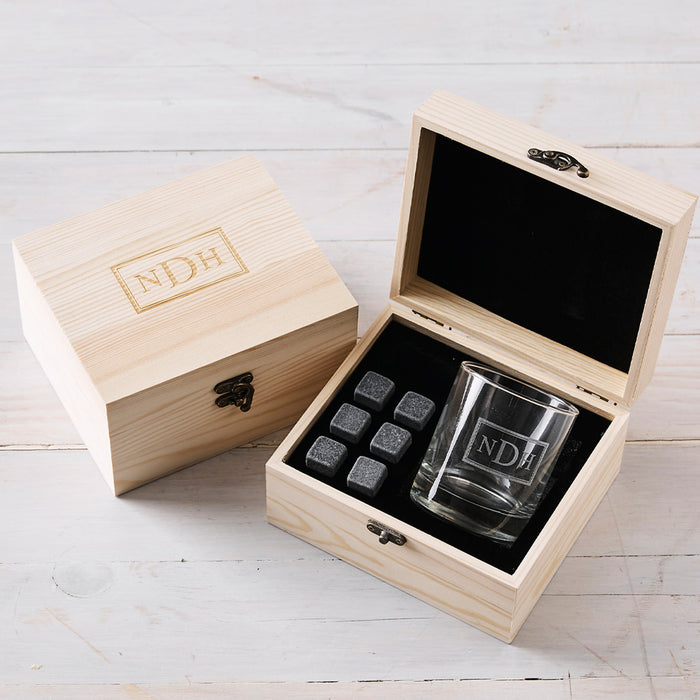 Personalised Corporate Client Gift: Wooden Boxed Scotch Glass and Whiskey Stones Set