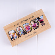 Custom Father's Day wooden photo block printed with five favourite family photos and a personalised design.