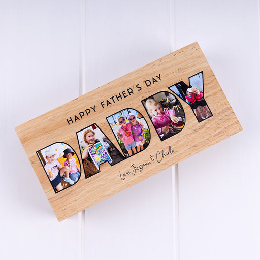Custom Father's Day wooden photo block printed with five favourite family photos and a personalised design.
