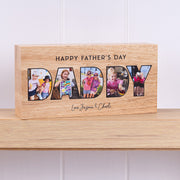 Freestanding personalised wooden photo block for Dad with five printed photos, perfect for his desk or bedside table.