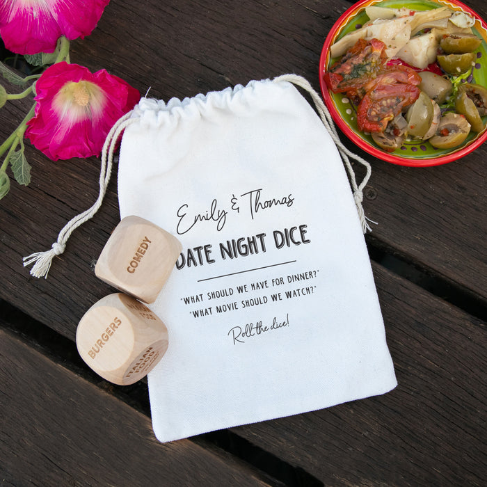 Engraved wooden date night dice game with personalised bag – fun food and movie decision maker for couples