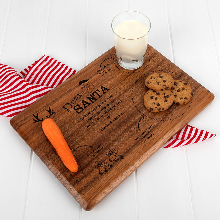 Personalised Walnut wood Santa treat board with engraved sections for milk, cookies, and reindeer carrots