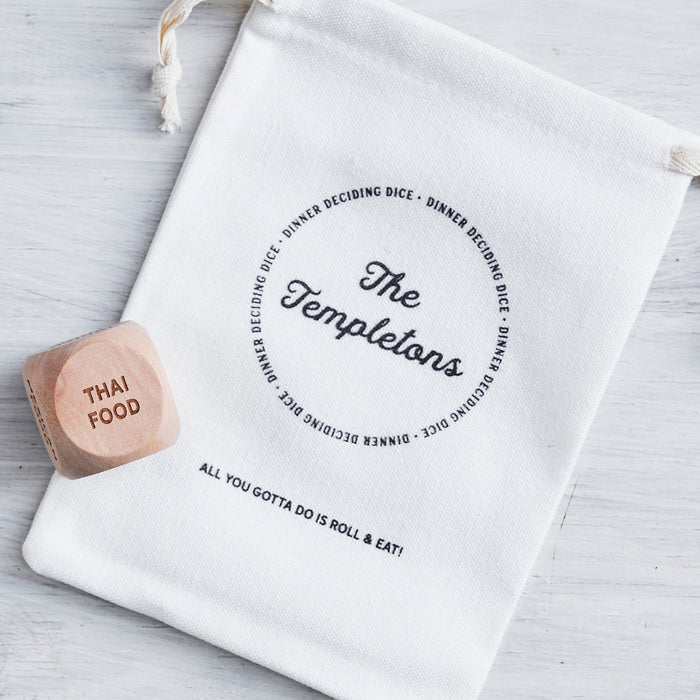 Fun family gift – custom calico bag and engraved dice for deciding takeaway dinner