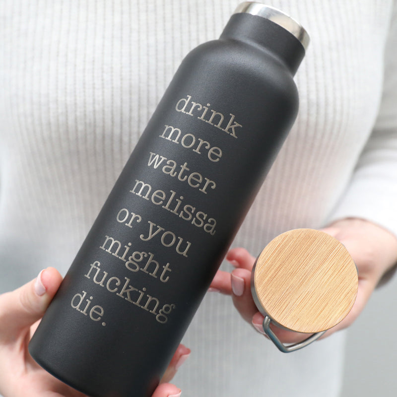 Custom Artwork Engraved Drink More Water Black Metal Insulated Drink Bottle