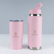 Pink personalised drinkware bundle with engraved 780ml water bottle and matching 590ml insulated tumbler.
