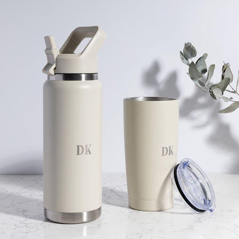 Matching stone insulated water bottle and tumbler set, professionally engraved for birthdays, teachers and bridesmaids.