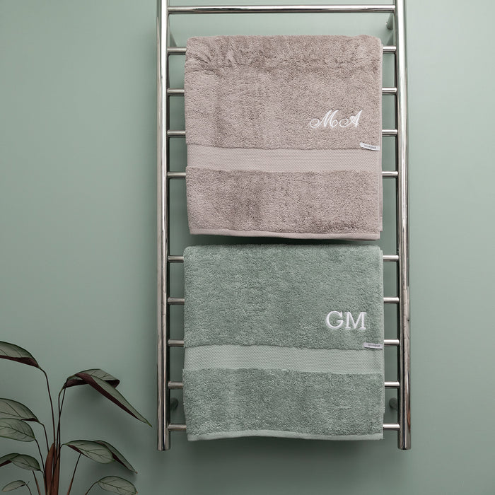 Personalised towel in mocha or sage, tied with a white satin ribbon - perfect for weddings, birthdays or anniversaries.