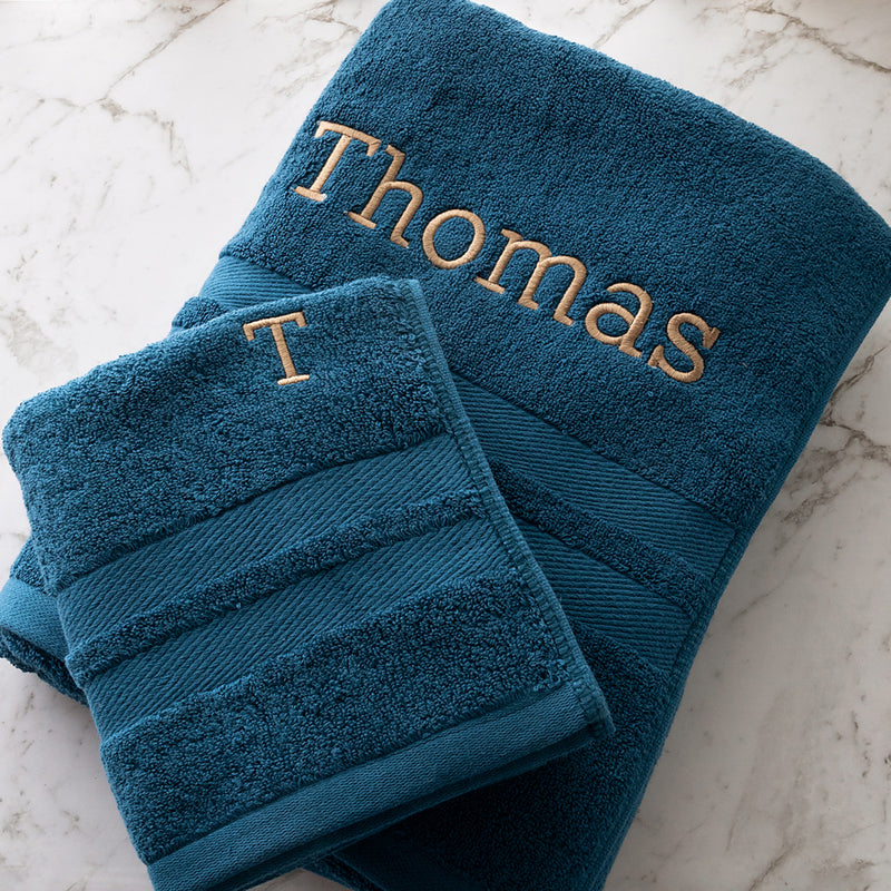 Custom embroidered bath and hand towel set in navy, made from soft 100% cotton with multiple thread colour options