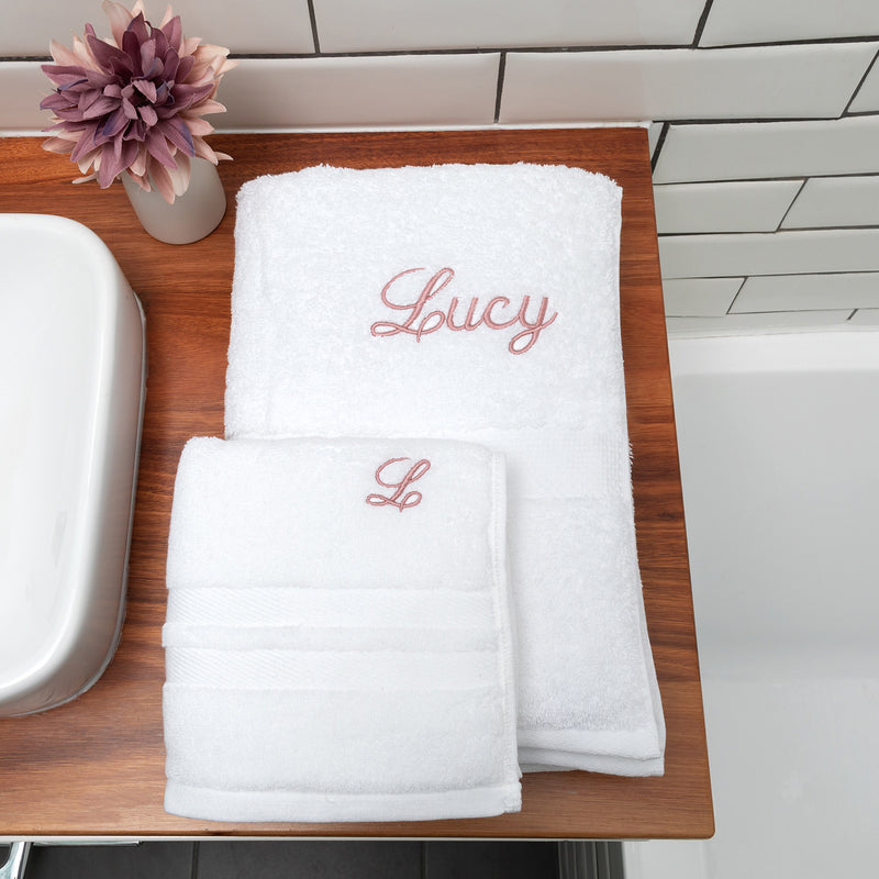 Elegant white towel set featuring personalised embroidery, soft and absorbent 480gsm cotton towels for daily use