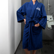 Terry towelling robe with personalised initials, available in classic white or deep navy