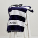 Navy striped beach towel for children, embroidered with name in black thread