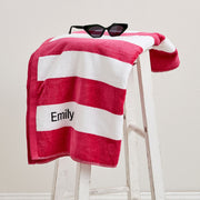 Personalised pink striped towel with black name embroidery – perfect Christmas gift for kids